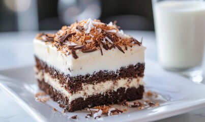 Close-up of a delicious mounds cake garnished with chocolate shavings. Mounds cake with chocolate and coconut flakes served with a glass of milk.
