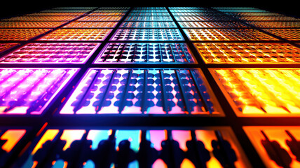 A futuristic heatmap with glowing, gradient-filled squares dynamically arranged on a polished holographic grid, creating a high-tech, data-driven visualization with vibrant colors