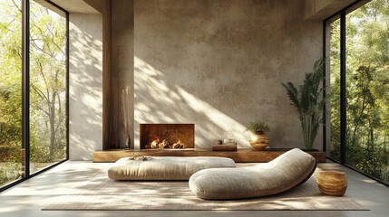Serene Minimalist Living Room with Fireplace and Forest View