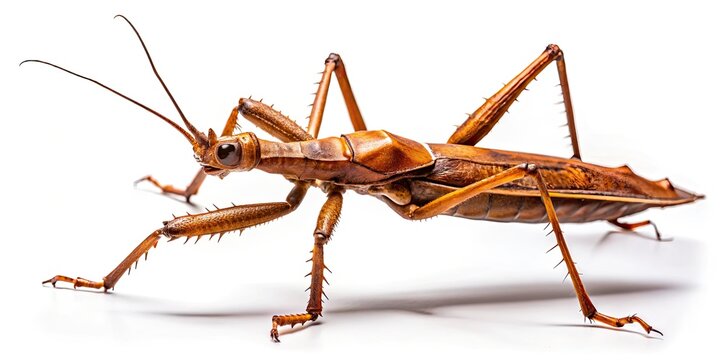 A striking silhouette: a giant brown stick insect, sharply defined against pure white in a macro nature shot.