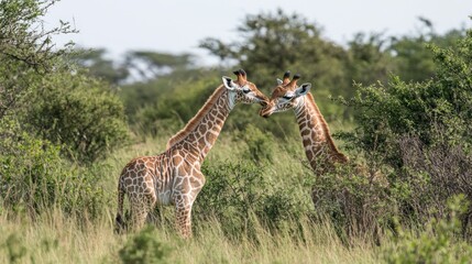 Fototapeta premium Two giraffes interacting in a lush, green landscape.