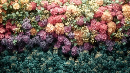 Vibrant and Colorful Floral Arrangement Displaying a Rich Palette of Hydrangeas and Greenery in a Beautiful and Lush Garden Setting