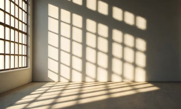 A minimalistic interior space with soft sunlight casting grid-like shadows on a light-colored wall and floor, creating a serene and calm atmosphere.