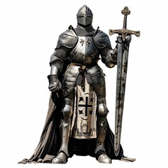 Fototapeta premium A knight in shining armor standing proud, isolated in white, white background 