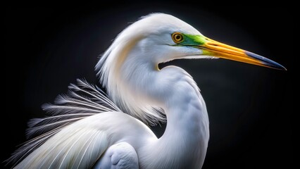 Fototapeta premium Avian beauty: Close-up Great Egret against a stark black background, showcasing wildlife's grace.