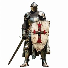 Naklejka premium A knight in shining armor standing proud, isolated in white, white background 