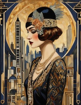 Elegant Art Deco Portrait of a Flapper in a Vibrant Cityscape Background