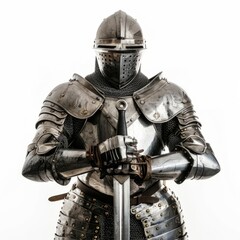 Fototapeta premium A knight in shining armor standing proud, isolated in white, white background 