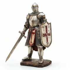 A knight in shining armor standing proud, isolated in white, white background 