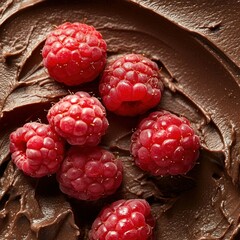 A close-up of fresh raspberries on creamy chocolate, highlighting a delicious dessert combination.