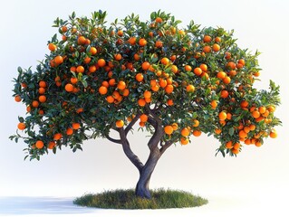 A vibrant orange tree laden with ripe fruit against a light background.