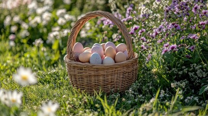 Fototapeta premium A wicker basket filled with pastel Easter eggs nestled among vibrant spring flowers under a sunny sky