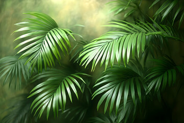 Obraz premium Lush green palm leaves illuminated by soft light against a blurred background.
