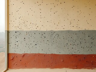 Textured wall with three horizontal bands of beige, gray, and red paint.