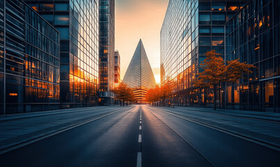 In the evening, the city streets and squares, with skyscrapers on both sides