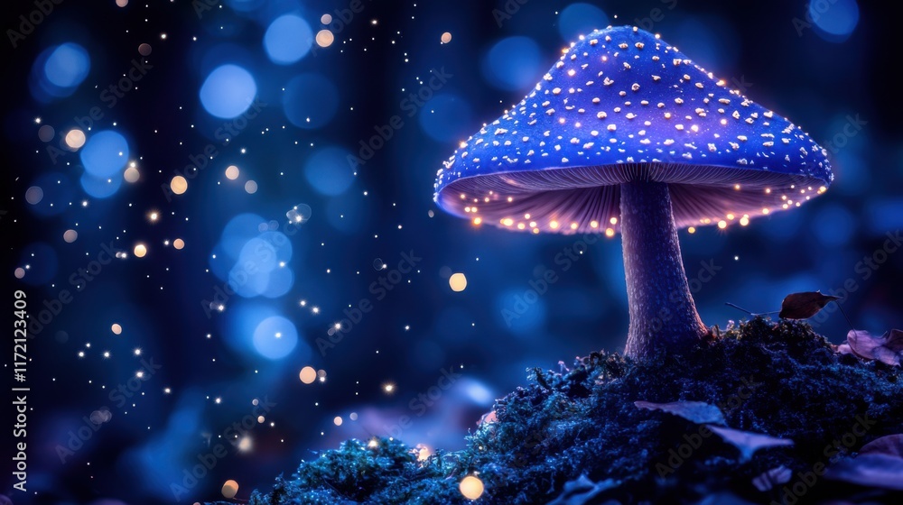 Aufkleber enchanted glowing mushroom in a mystical forest with dreamy bokeh and soft sparkles, capturing the e