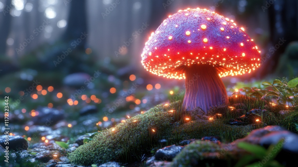 Poster enchanted forest scene featuring a glowing mushroom surrounded by soft moss and sparkling lights in 