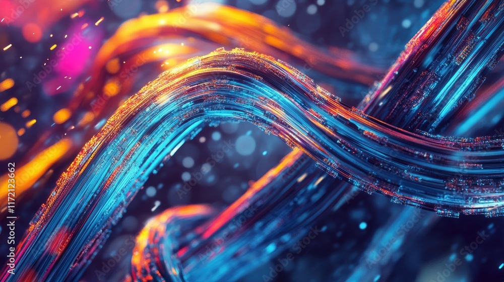 Poster abstract view of colorful internet cables tangled together, symbolizing global data communication ne
