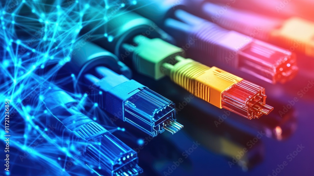 Poster abstract view of colorful internet cables tangled together, symbolizing global data communication ne