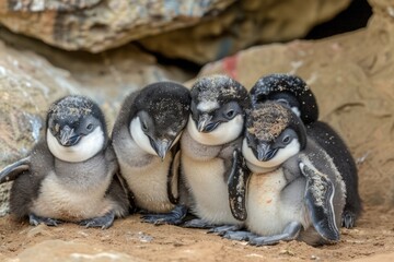 A group of penguins huddled together 