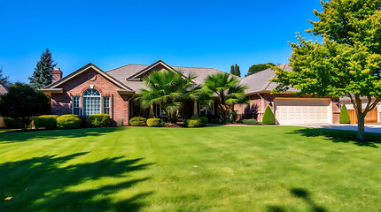 Brick Ranch House with Palm Trees and Lawn