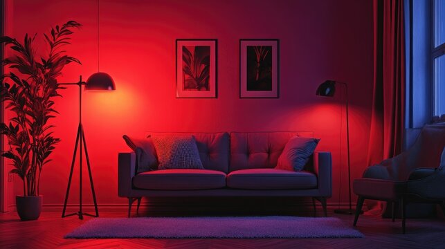Ambient red light filling a dim room, emphasizing its tranquil and intimate vibe
