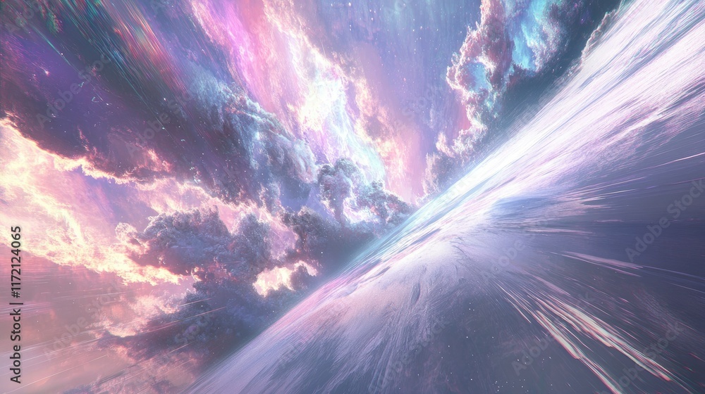 Poster an abstract concept of gravity waves vibrating in a void, surrounded by streaks of light and subtle 