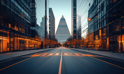 In the evening, the city streets and squares, with skyscrapers on both sides