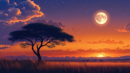Obraz premium An awe-inspiring view of the savanna at twilight, with the silhouette of an acacia tree and a rising moon painting the scene