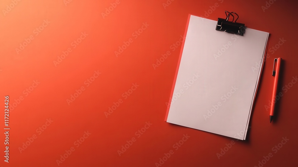 Poster creative workspace setup with blank paper and pen on vibrant red background for inspiration and idea