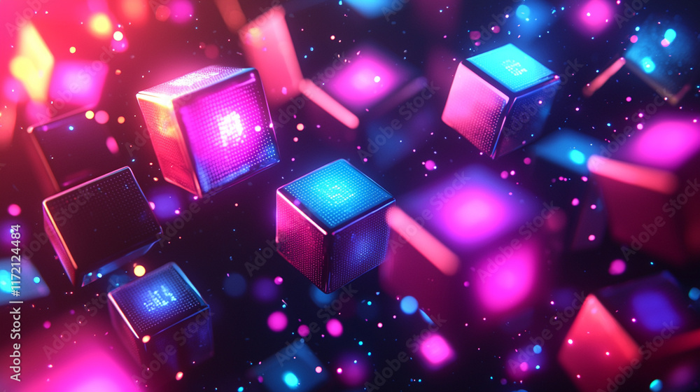 Poster glowing neon cubes with symbols float in dark space.