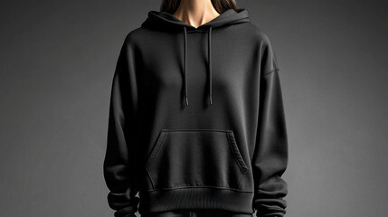 Woman wearing plain black hoodie, studio shot, gray backdrop, apparel mockup