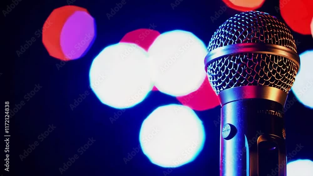 Poster microphone close-up shot with colorful bokeh lights background