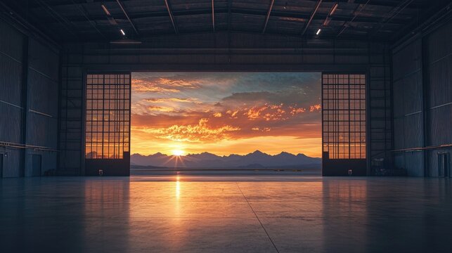 An empty airplane hangar with massive open doors revealing a breathtaking sunset sky and distant mountain silhouettes