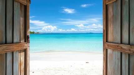 An idyllic tropical beach framed by a vintage wooden door, highlighting white sand, clear skies, and vibrant blue waters