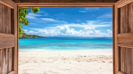 An idyllic tropical beach framed by a vintage wooden door, highlighting white sand, clear skies, and vibrant blue waters