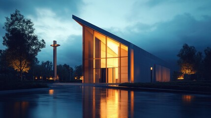 Fototapeta premium An urban church with modern architecture, captured during an evening prayer session