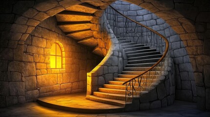 Obraz premium Fantastic Frontiers Spiral Staircase in a Stone Fortress with Warm Mystical Glow