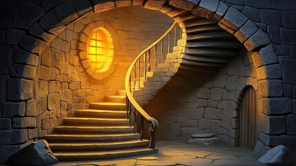 Obraz premium Fantastic Frontiers Spiral Staircase in a Stone Fortress with Warm Mystical Glow