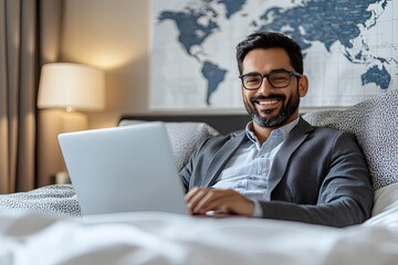 Professional Man Working from Bed with Laptop