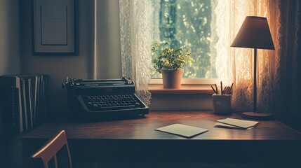 Fototapeta premium Vintage Typewriter on Wooden Desk Near Window, Serene Writer's Workspace, Nostalgia and Creativity