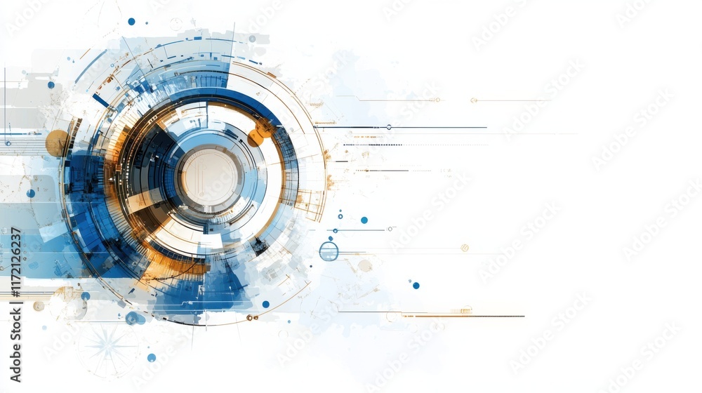 Poster abstract futuristic circular design featuring blue and orange elements with geometric shapes and flo