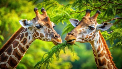 Obraz premium Close-up: A giraffe gracefully feeds, showcasing its unique features on an African safari.