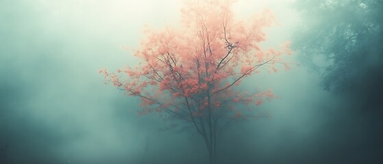 Misty forest with a single, blooming tree.