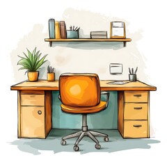 Sketch of an organized home office workspace with an orange chair, desk, and shelf.