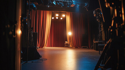 An intimate backstage shot of a stage with curtains pulled aside, revealing the glow of spotlights and equipment, capturing the behind-the-scenes magic of theater production.