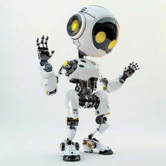 A friendly robot waving hello, isolated in white, white background