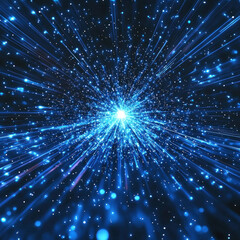 Fototapeta premium Blue light exploding outwards in dark space, particles scattering, for digital backgrounds