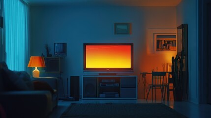 Bright, colorful visuals on a TV screen lighting up a minimalist living room at night