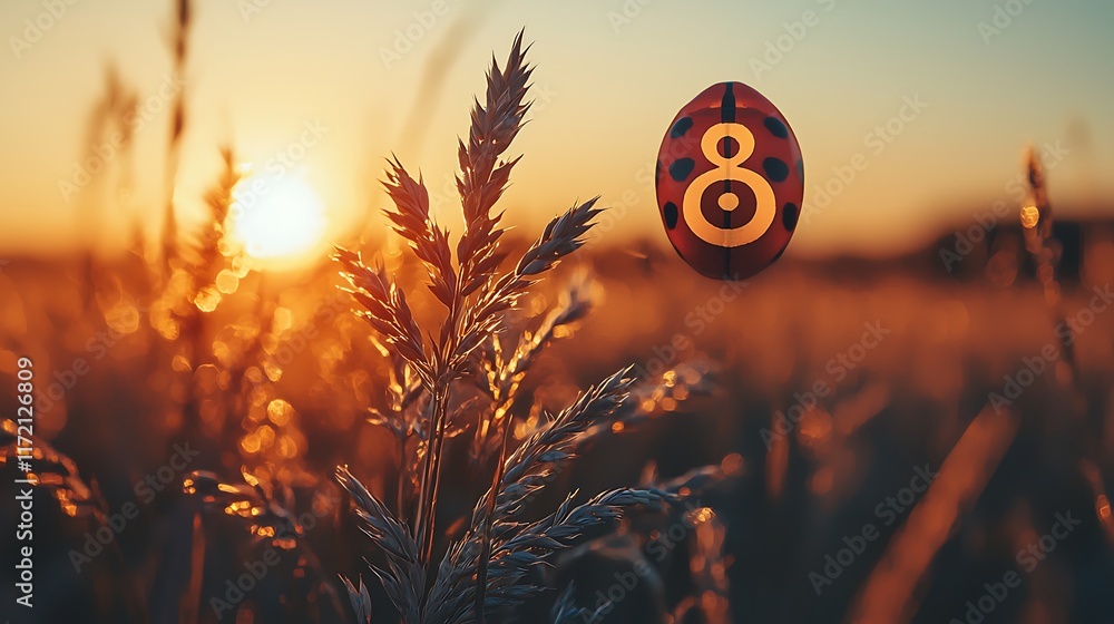Poster sunset over wheat field with ladybug displaying number eight.